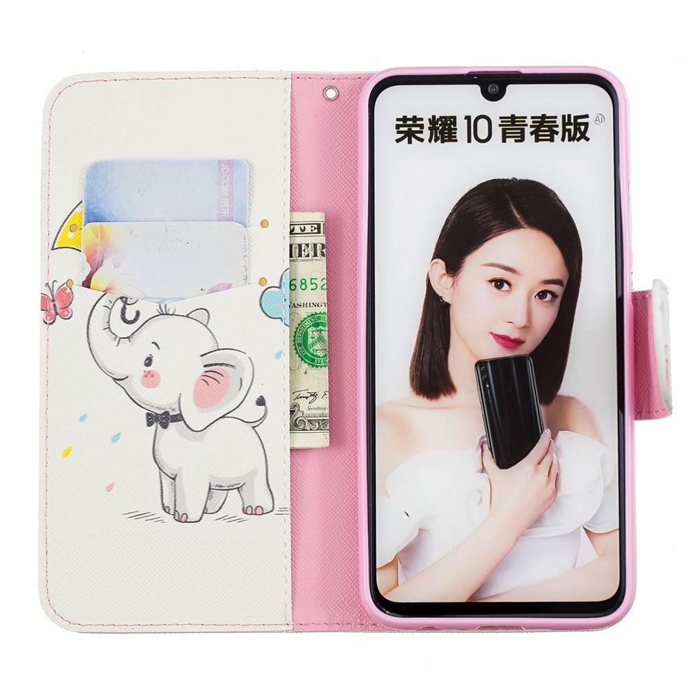 Impressão de Padrões de Couro pu Folio Flip Case For Huawei P Smart (2019) / Honra 10 Lite - Elefante Segurando um Guarda -chuva