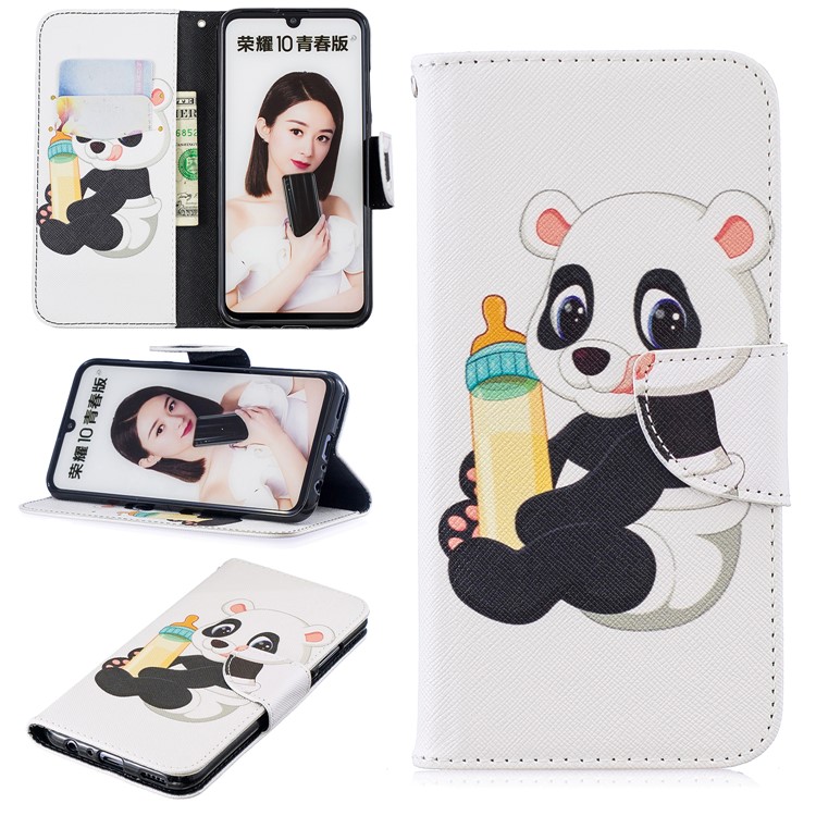 Pattern Printing PU Leather Folio Flip Cell Phone Shell for Huawei P Smart (2019) / Honor 10 Lite - Panda Holding a Bottle-1