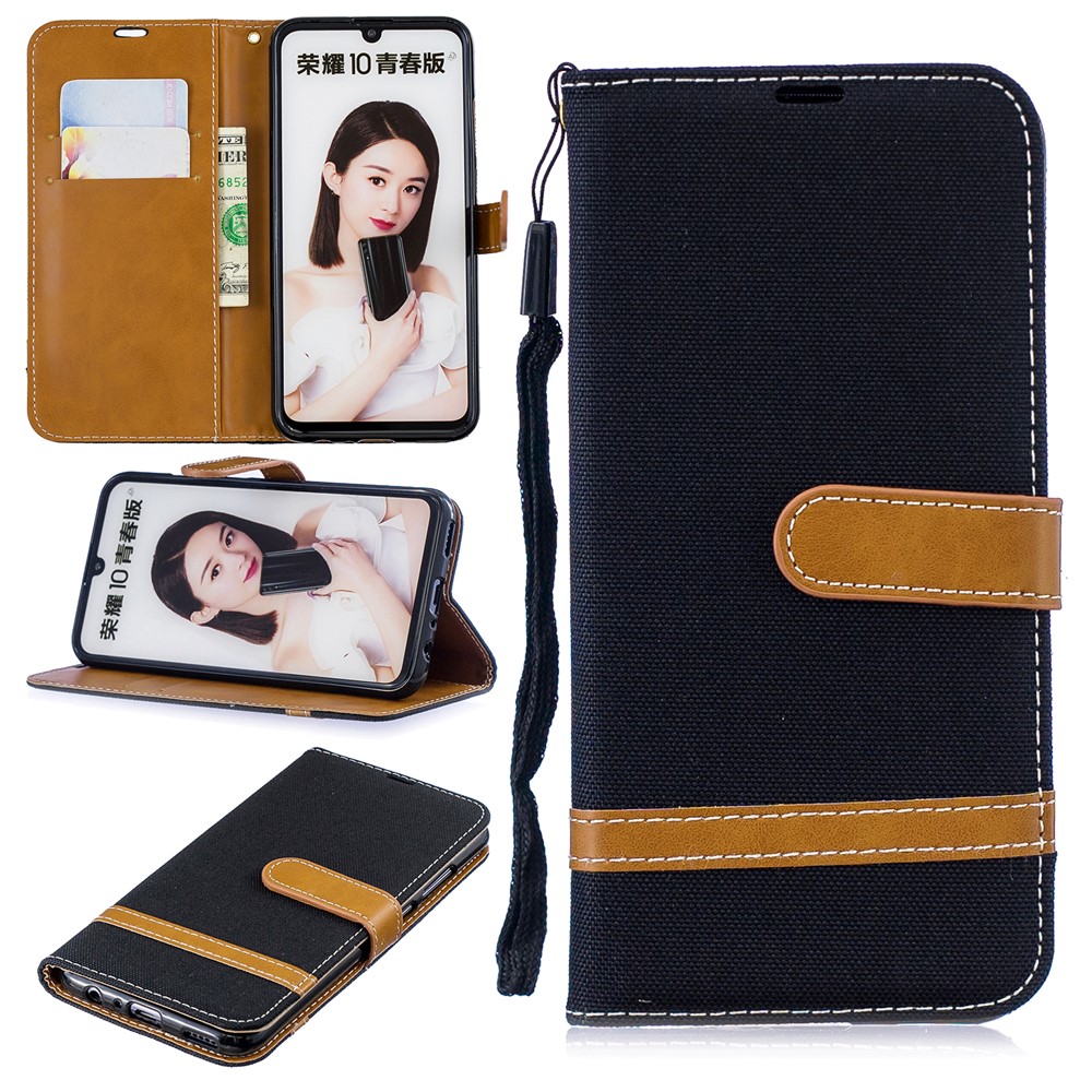 Custodia in Pelle PU di Jeans Bicolore Con Stand Per Huawei P Smart (2019) / Onore 10 Lite - Nero