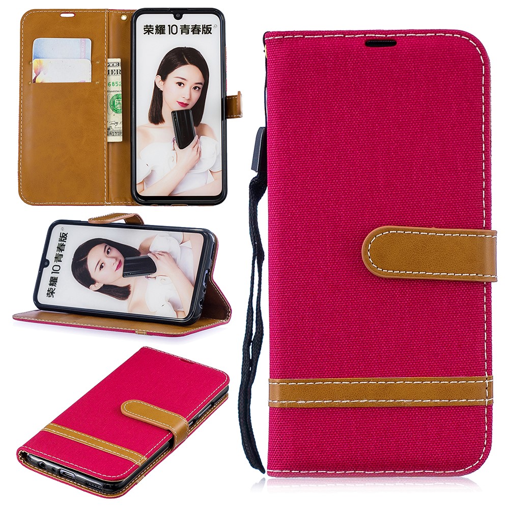 Two-tone Jean Cloth PU Leather Casing with Stand for Huawei P Smart (2019) / Honor 10 Lite - Red-1