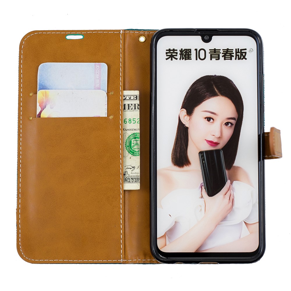 Two-tone Jean Cloth PU Leather Cellphone Cover with Stand for Huawei P Smart (2019) / Honor 10 Lite - Green-8