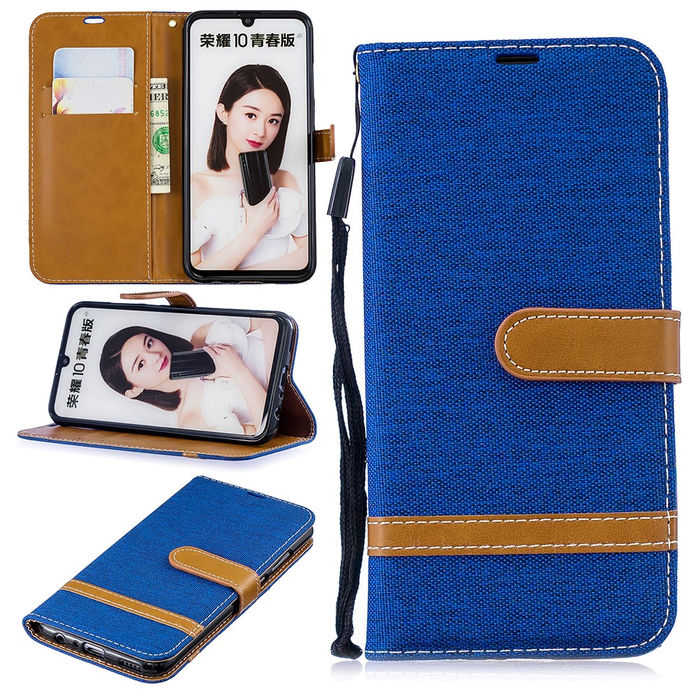 Two-tone Jean Cloth PU Leather Mobile Case with Stand for Huawei P Smart (2019) / Honor 10 Lite - Baby Blue-1