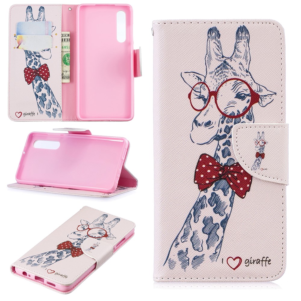 Estuche De Cuero Con Estampado De PU Para Huawei P30 - Jirafa Con Gafas-1