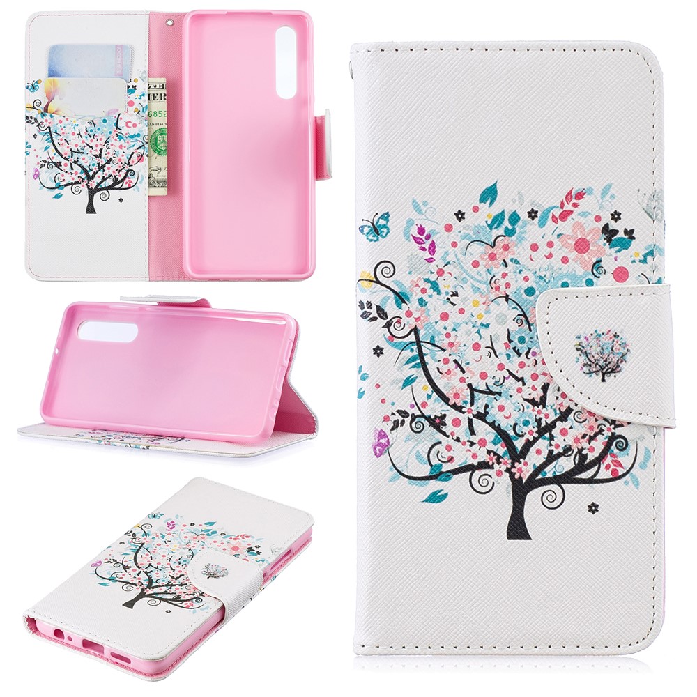 Pattern Printing PU Leather Flip Cover for Huawei P30 - Flowered Tree-1