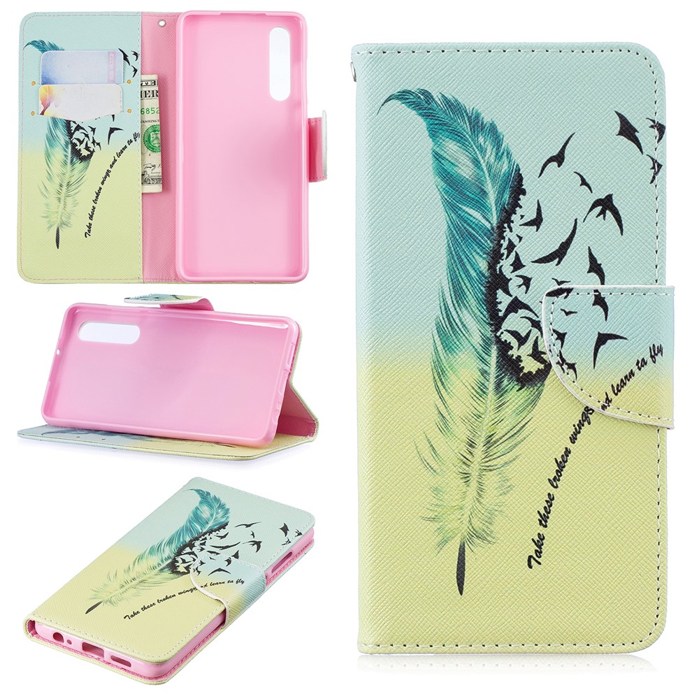 Pattern Printing PU Leather Phone Shell with Card Slots for Huawei P30 - Feather Pattern-1