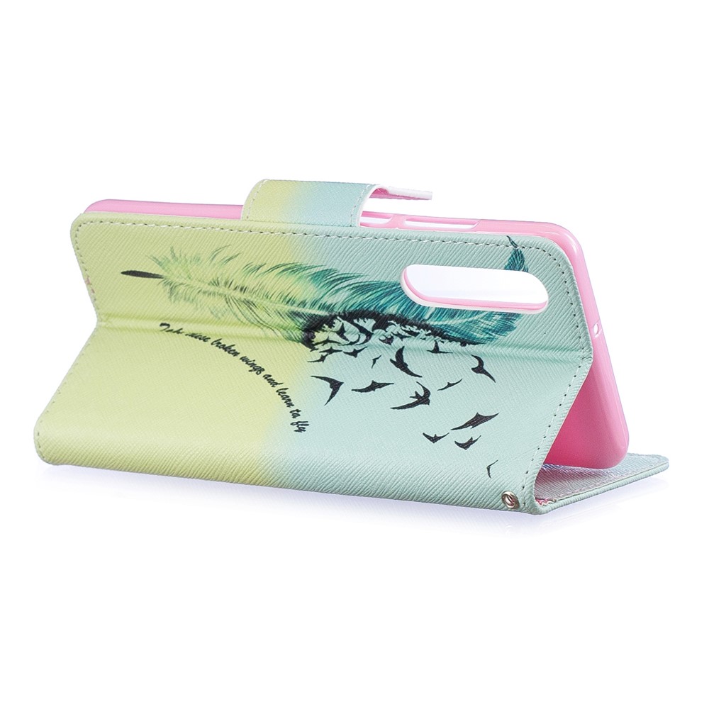 Pattern Printing PU Leather Phone Shell with Card Slots for Huawei P30 - Feather Pattern-3