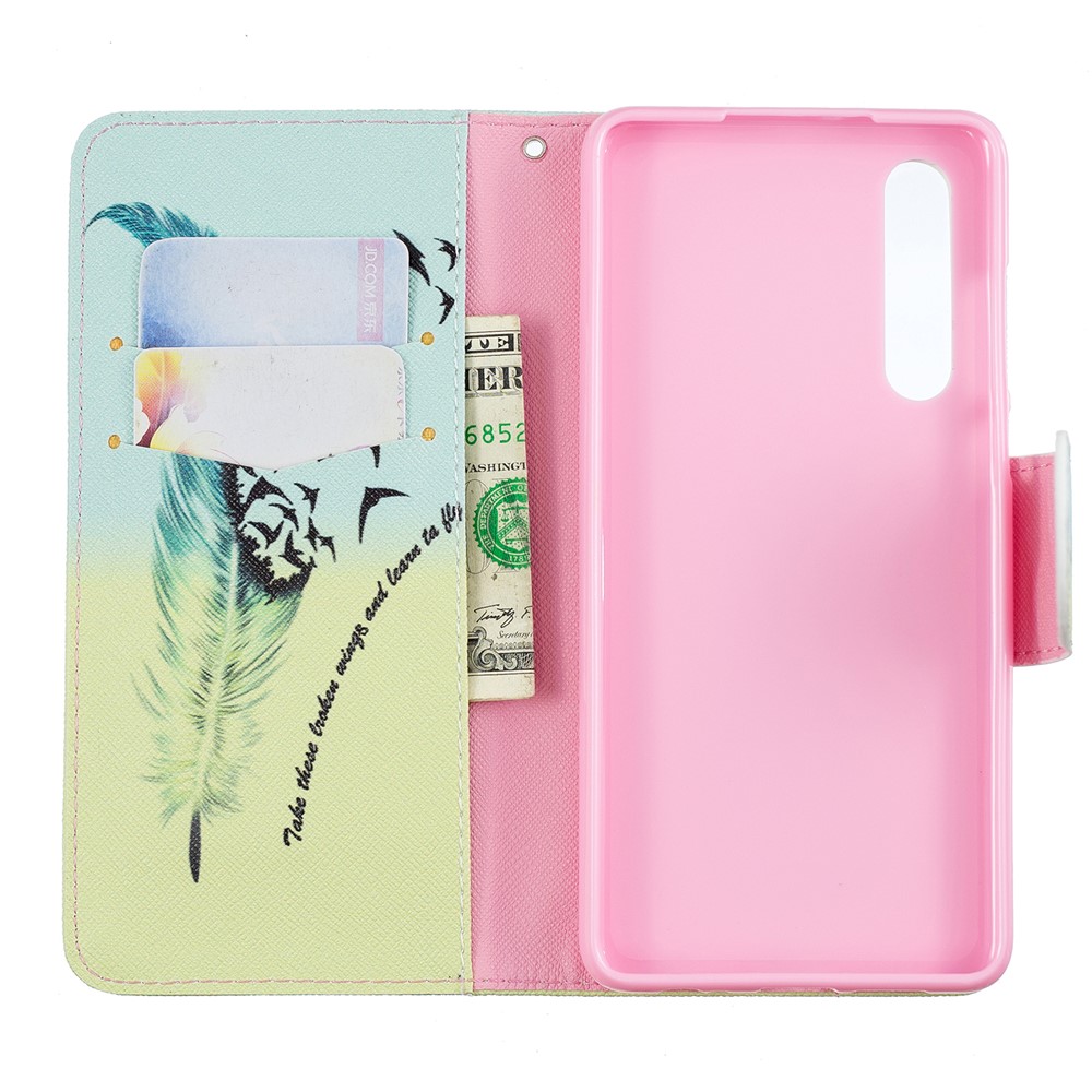 Pattern Printing PU Leather Phone Shell with Card Slots for Huawei P30 - Feather Pattern-7