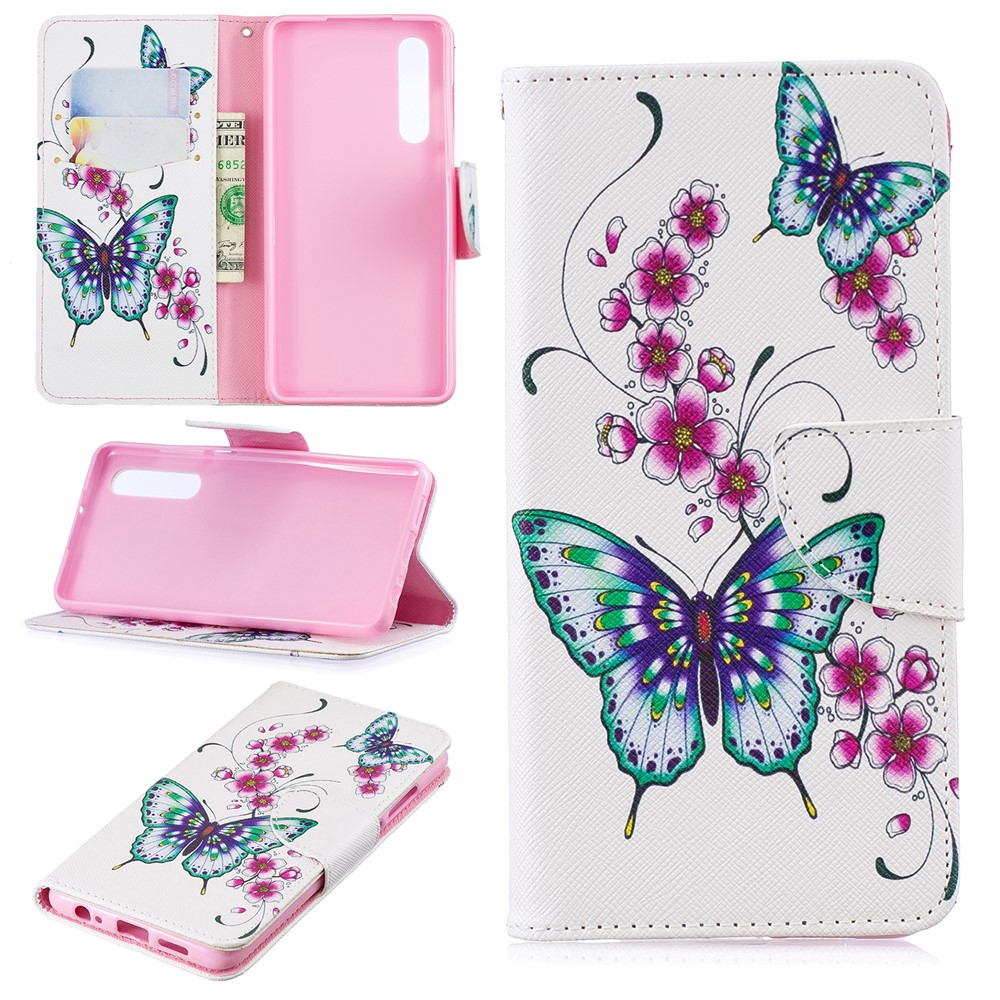 Pattern Printing PU Leather Phone Cover with Wallet for Huawei P30 - Butterflies and Flowers-1