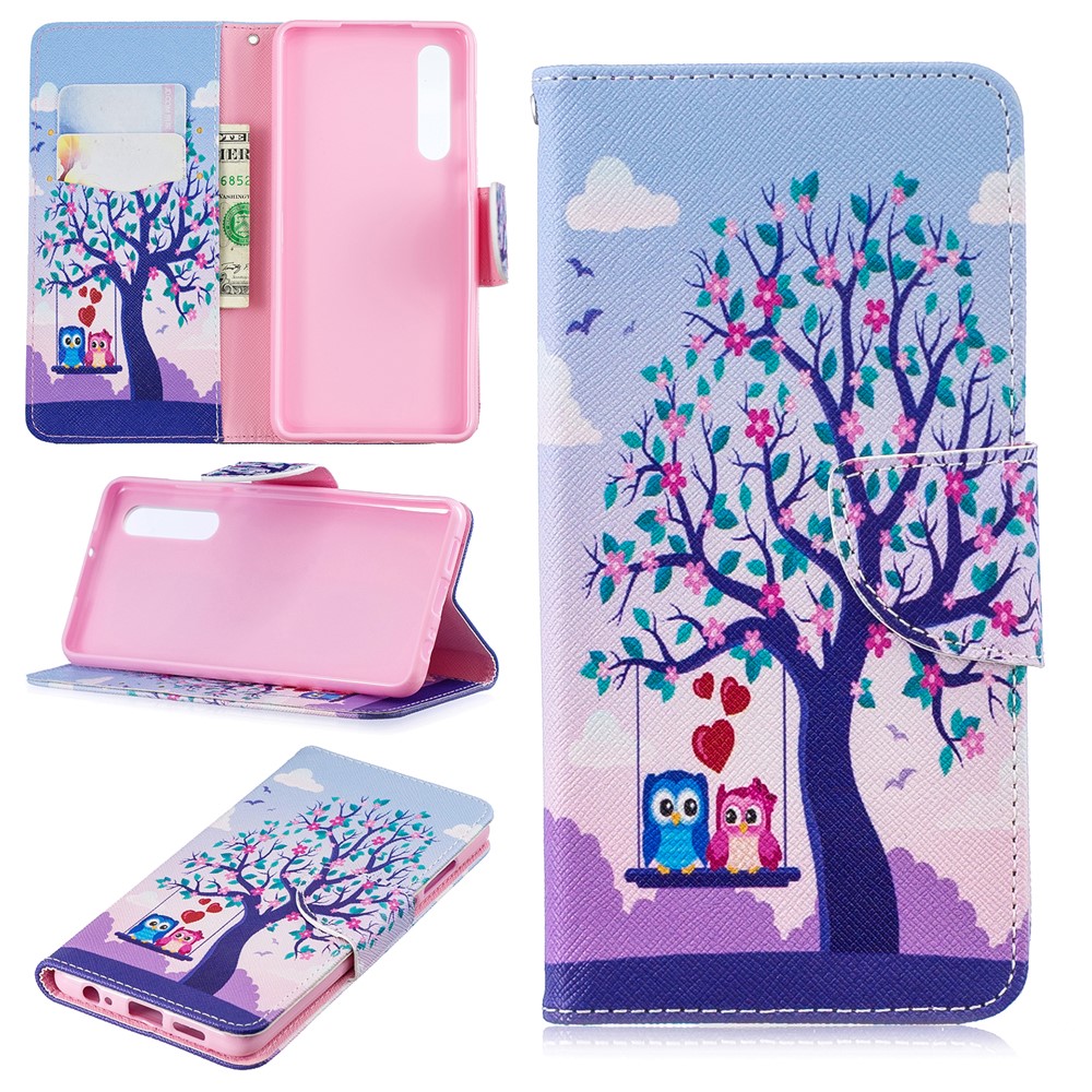 Pattern Printing PU Leather Mobile Phone Case for Huawei P30 - Two Swinging Owls-1