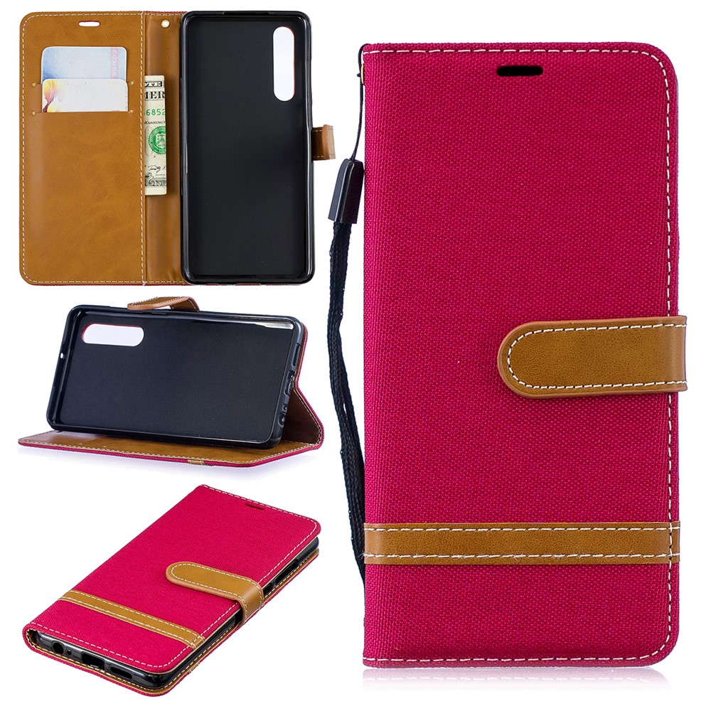 Two-tone Jean Cloth PU Leather Flip Cover for Huawei P30 - Red-1