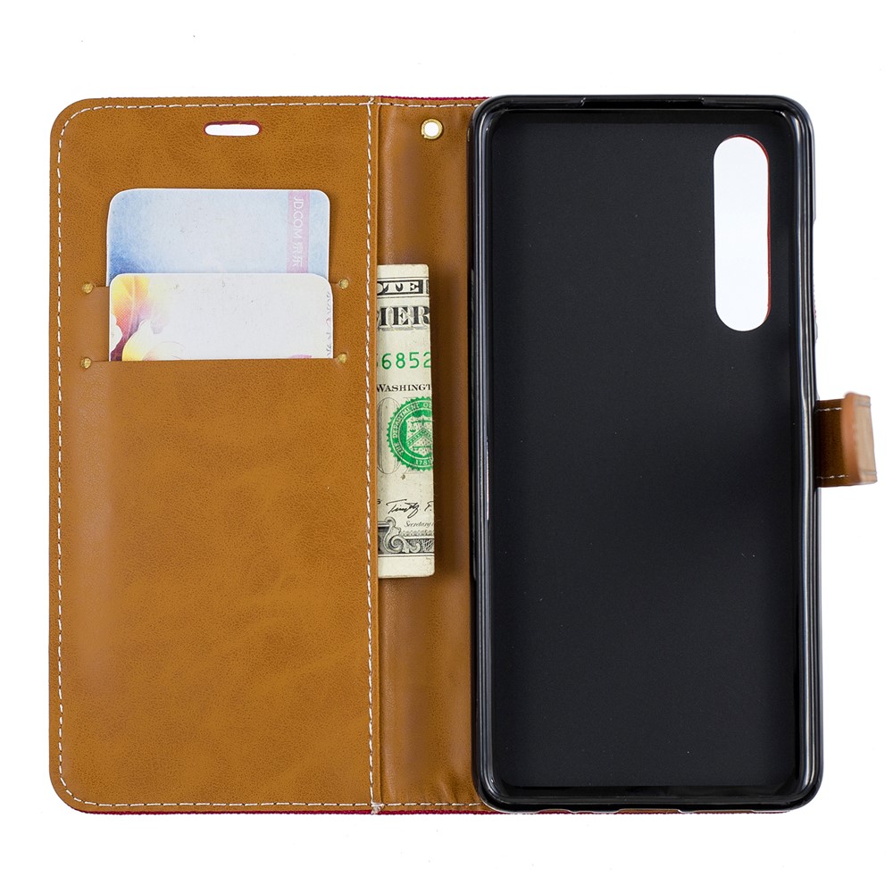 Two-tone Jean Cloth PU Leather Flip Cover for Huawei P30 - Red-10