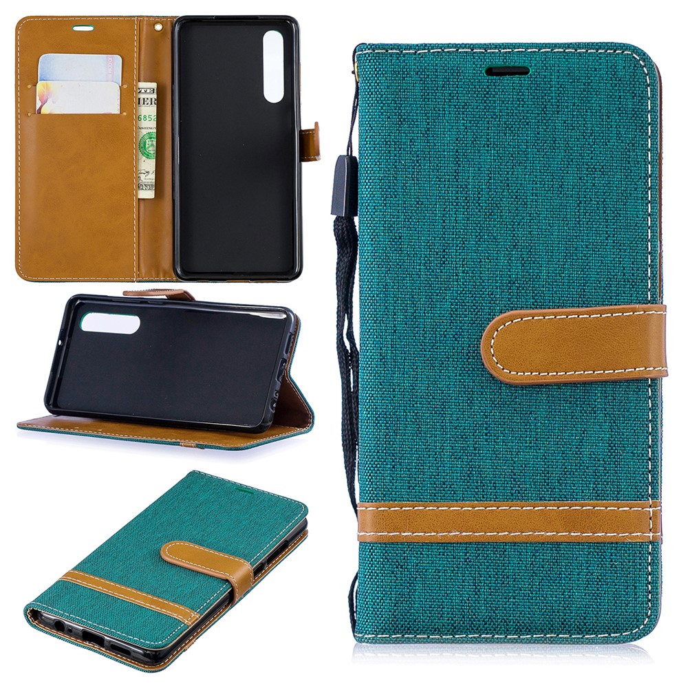 Two-tone Jean Cloth PU Leather Flip Cell Phone Case for Huawei P30 - Green-1