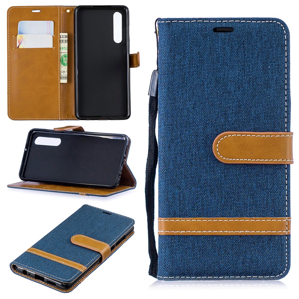 Two-tone Jean Cloth PU Leather Flip Protective Case for Huawei P30 - Dark Blue-1