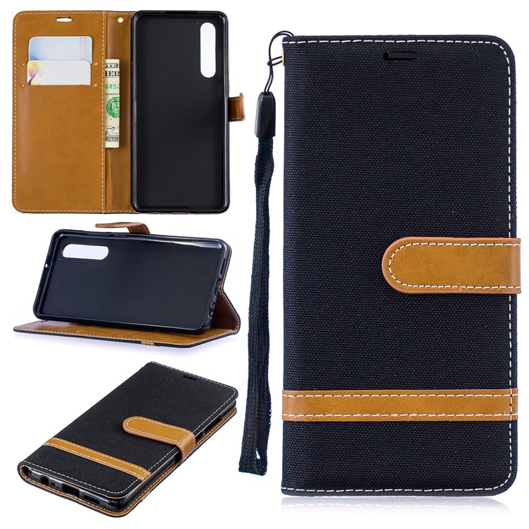 Two-tone Jean Cloth PU Leather Flip Protective Shell for Huawei P30 - Black-1