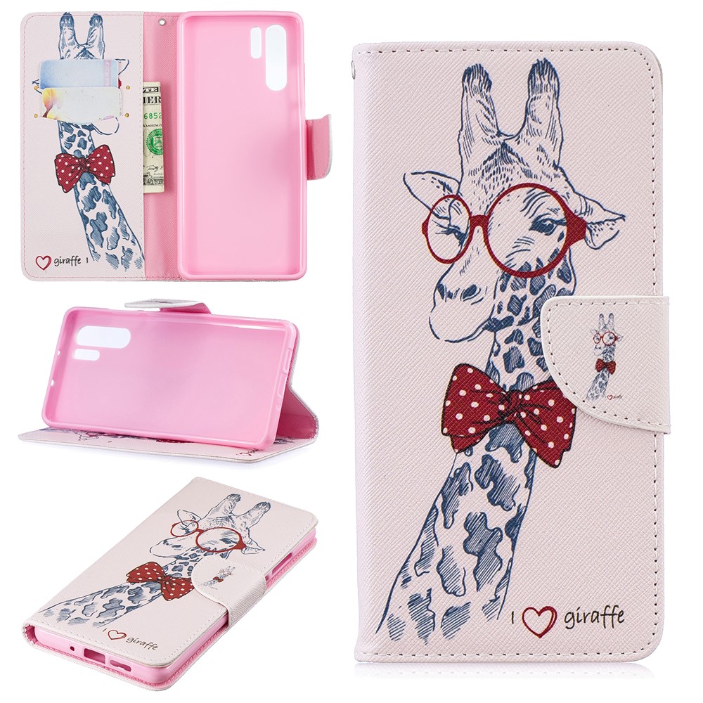 Pattern Printing Wallet Leather Protection Case for Huawei P30 Pro - Adorable Giraffe Wearing Glasses-1