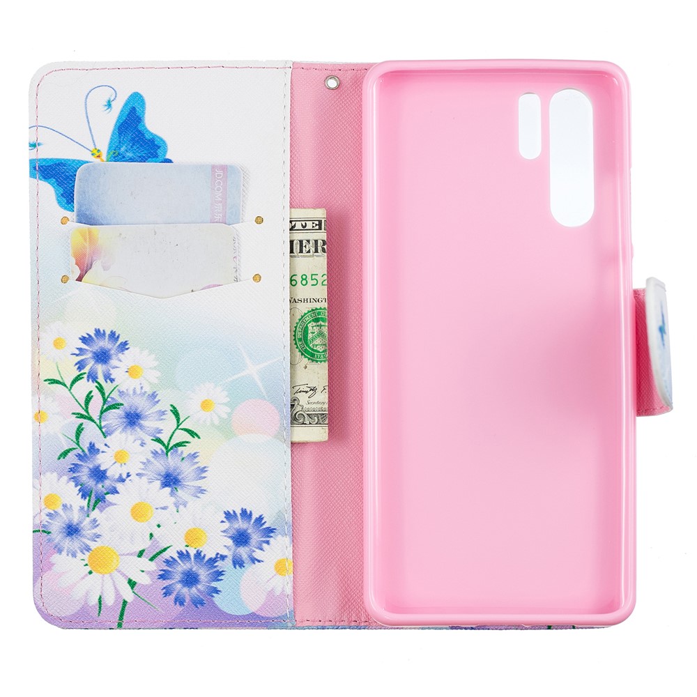 Pattern Printing Leather Wallet Stand Case for Huawei P30 Pro - Blue Butterfly and Flowers-8