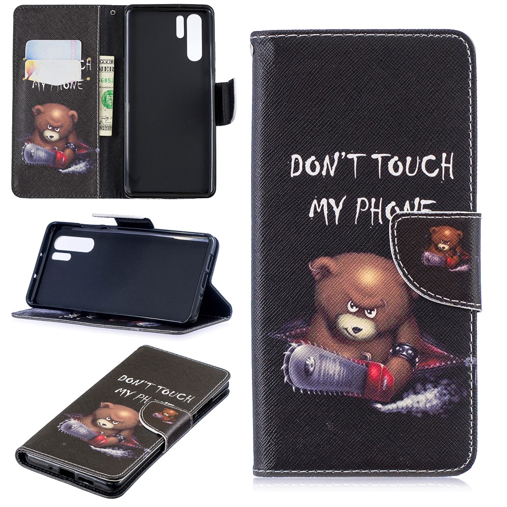 Pattern Printing PU Leather Wallet Case for Huawei P30 Pro - Brown Bear and Warning Words-1