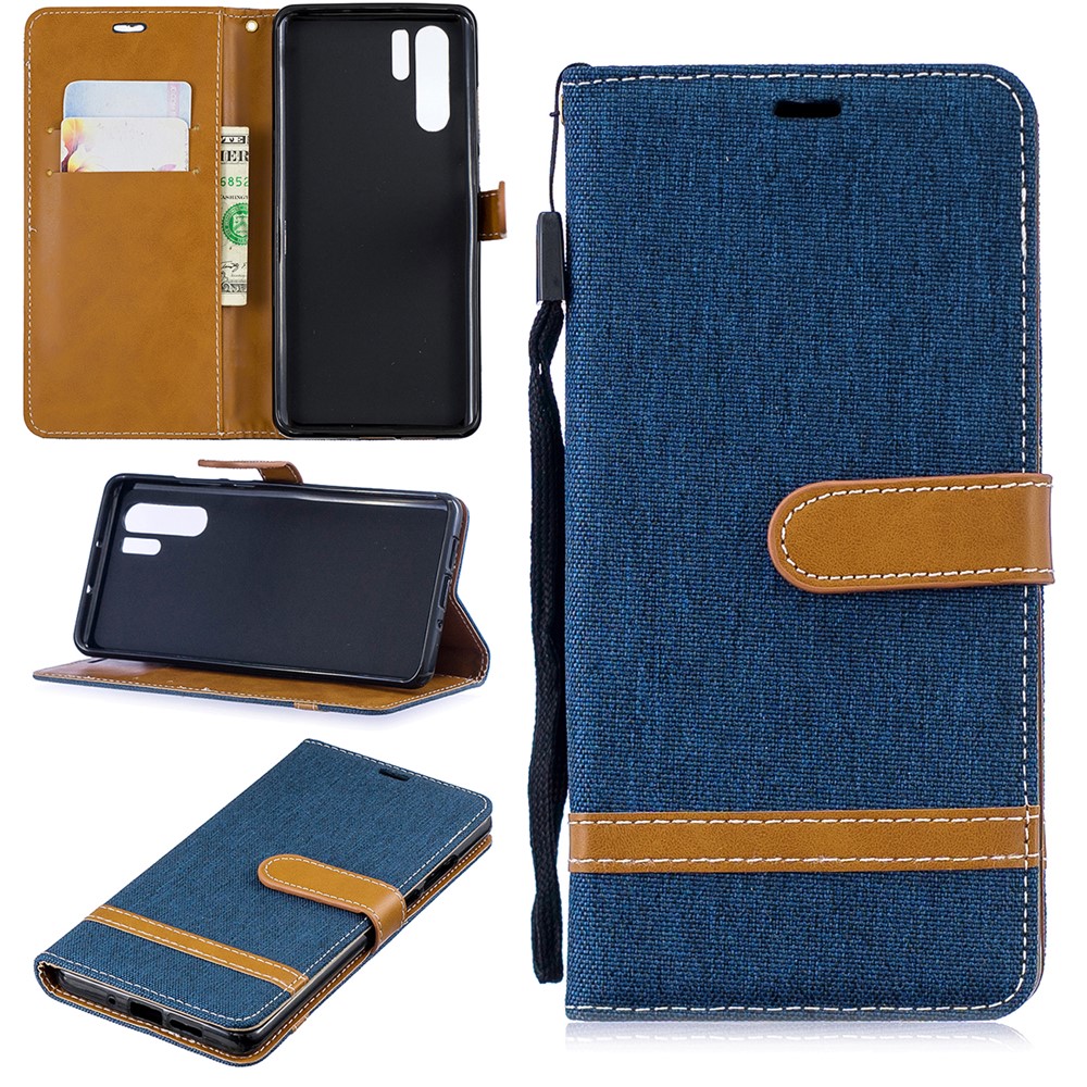Two-tone Jean Cloth PU Leather Flip Cover for Huawei P30 Pro - Dark Blue-1