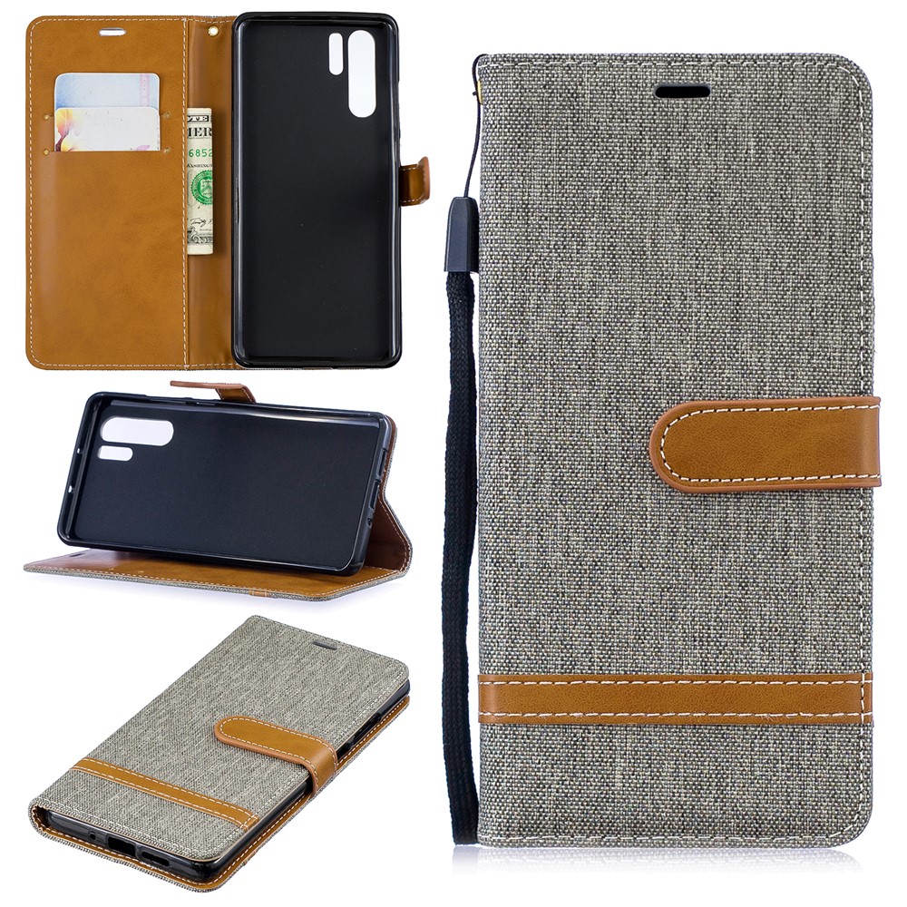 Two-tone Jean Cloth PU Leather Flip Shell for Huawei P30 Pro - Grey-1