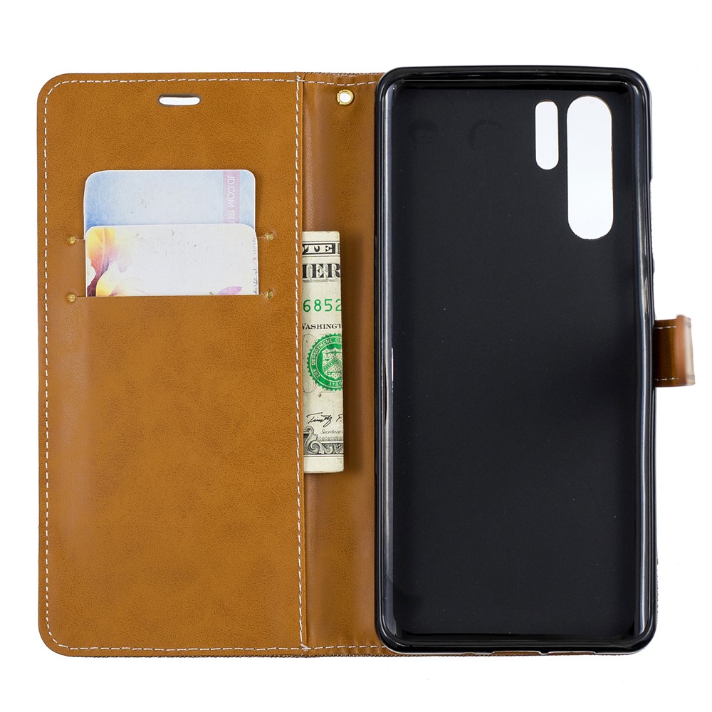 Two-tone Jean Cloth PU Leather Flip Casing for Huawei P30 Pro - Khaki-10