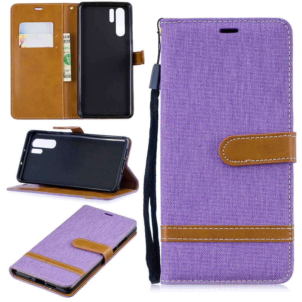 Two-tone Jean Cloth PU Leather Flip Mobile Phone Case for Huawei P30 Pro - Purple-1