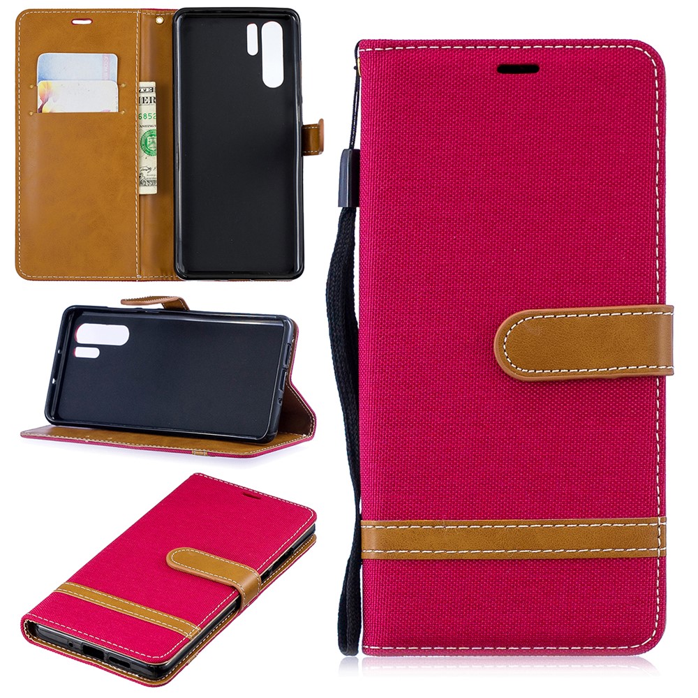 Two-tone Jean Cloth PU Leather Flip Protective Case for Huawei P30 Pro - Red-1