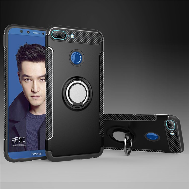 Carbon Fiber TPU + PC Hybrid Mobile Case with Magnetic Car Mount Ring Holder Kickstand for Huawei Honor 9 Lite / Honor 9 Youth Edition / P Smart (2017) / Enjoy 7S (China) - Black-1