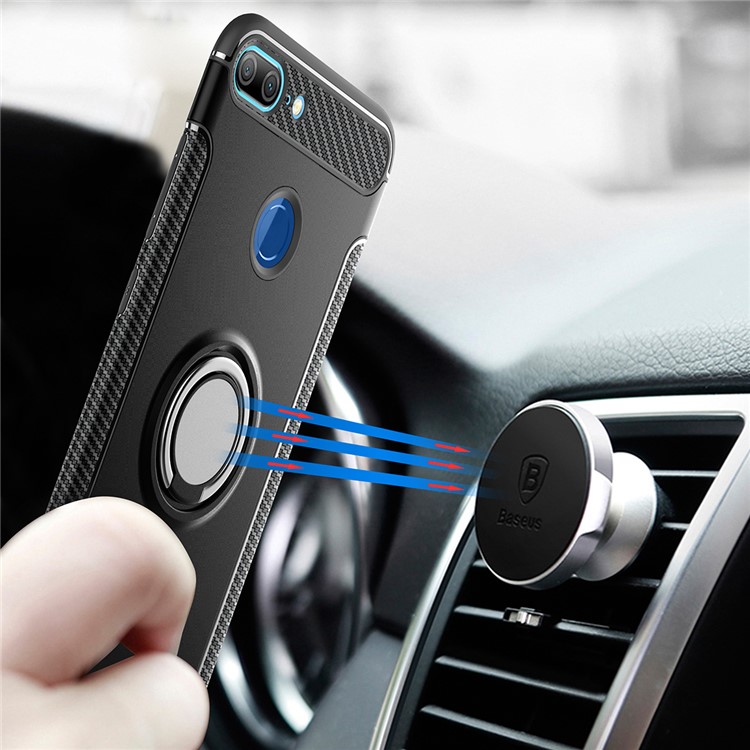 Carbon Fiber TPU + PC Hybrid Mobile Case with Magnetic Car Mount Ring Holder Kickstand for Huawei Honor 9 Lite / Honor 9 Youth Edition / P Smart (2017) / Enjoy 7S (China) - Black-2