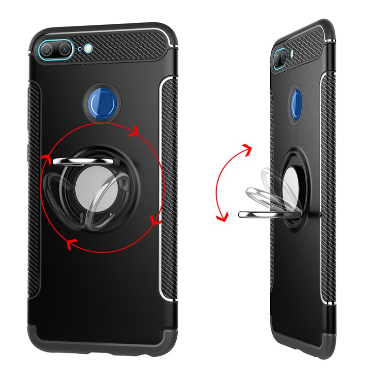 Carbon Fiber TPU + PC Hybrid Mobile Case with Magnetic Car Mount Ring Holder Kickstand for Huawei Honor 9 Lite / Honor 9 Youth Edition / P Smart (2017) / Enjoy 7S (China) - Black-4
