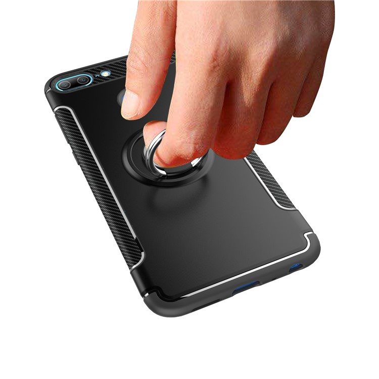 Carbon Fiber TPU + PC Hybrid Mobile Case with Magnetic Car Mount Ring Holder Kickstand for Huawei Honor 9 Lite / Honor 9 Youth Edition / P Smart (2017) / Enjoy 7S (China) - Black-5
