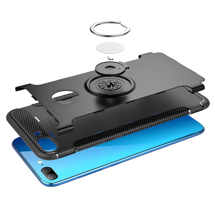 Carbon Fiber TPU + PC Hybrid Mobile Case with Magnetic Car Mount Ring Holder Kickstand for Huawei Honor 9 Lite / Honor 9 Youth Edition / P Smart (2017) / Enjoy 7S (China) - Black-7