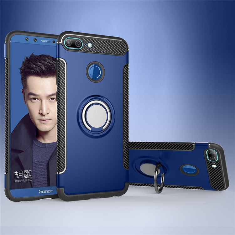 Kohlefaser-TPU + PC-Hybridgehäuse Mit Magnetischem Autohalterungsringhalter Für Huawei Honor 9 Lite / Ehre 9 Jugendausgabe / P Smart (2017) / 7s Genießen (China) - Dunkelblau-1