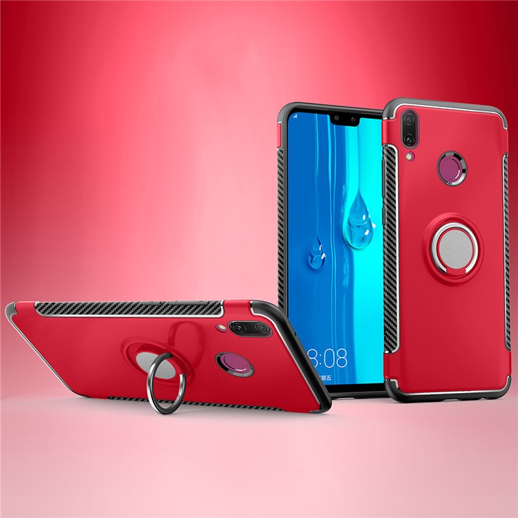 Carbon Fiber TPU + PC Hybrid Casing with Magnetic Car Mount Ring Holder Kickstand for Huawei Y9 (2019) / Enjoy 9 Plus - Red-1