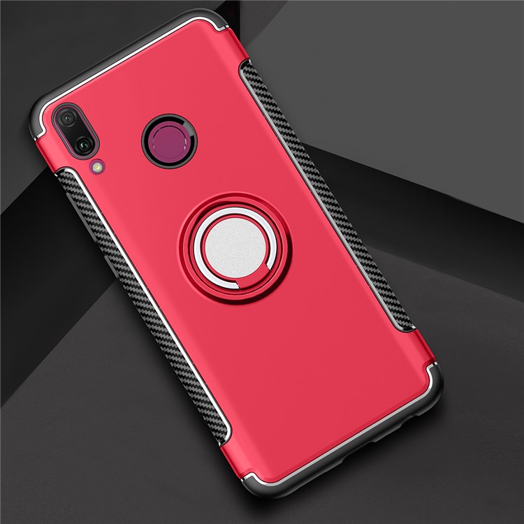 Carbon Fiber TPU + PC Hybrid Casing with Magnetic Car Mount Ring Holder Kickstand for Huawei Y9 (2019) / Enjoy 9 Plus - Red-11