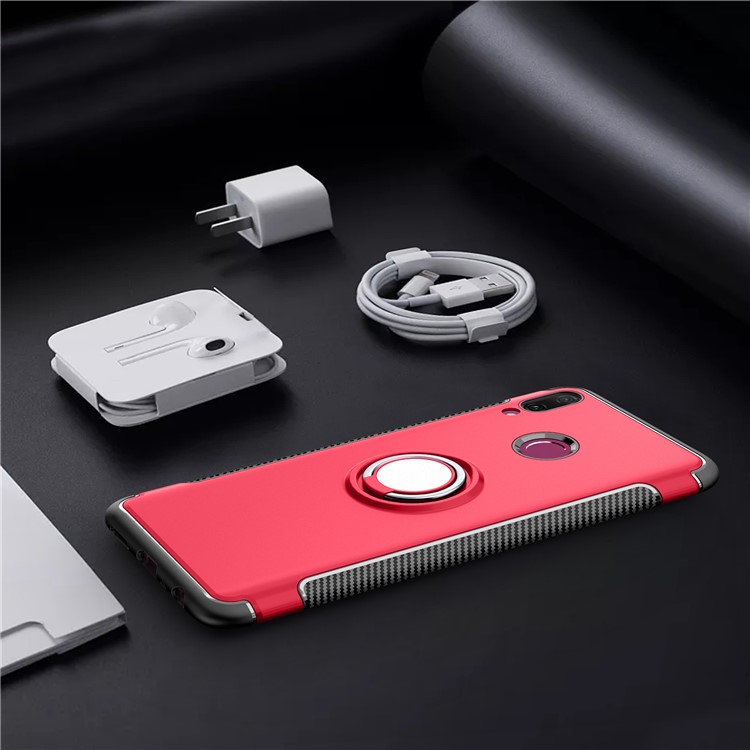 Carbon Fiber TPU + PC Hybrid Casing with Magnetic Car Mount Ring Holder Kickstand for Huawei Y9 (2019) / Enjoy 9 Plus - Red-12