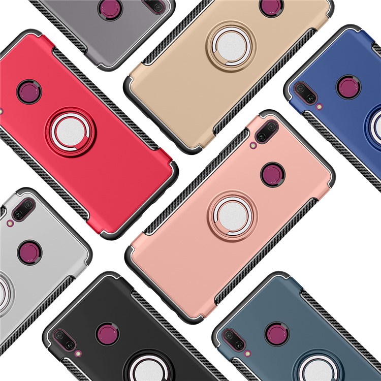 Carbon Fiber TPU + PC Hybrid Casing with Magnetic Car Mount Ring Holder Kickstand for Huawei Y9 (2019) / Enjoy 9 Plus - Red-13