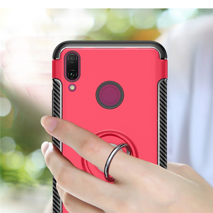 Carbon Fiber TPU + PC Hybrid Casing with Magnetic Car Mount Ring Holder Kickstand for Huawei Y9 (2019) / Enjoy 9 Plus - Red-2