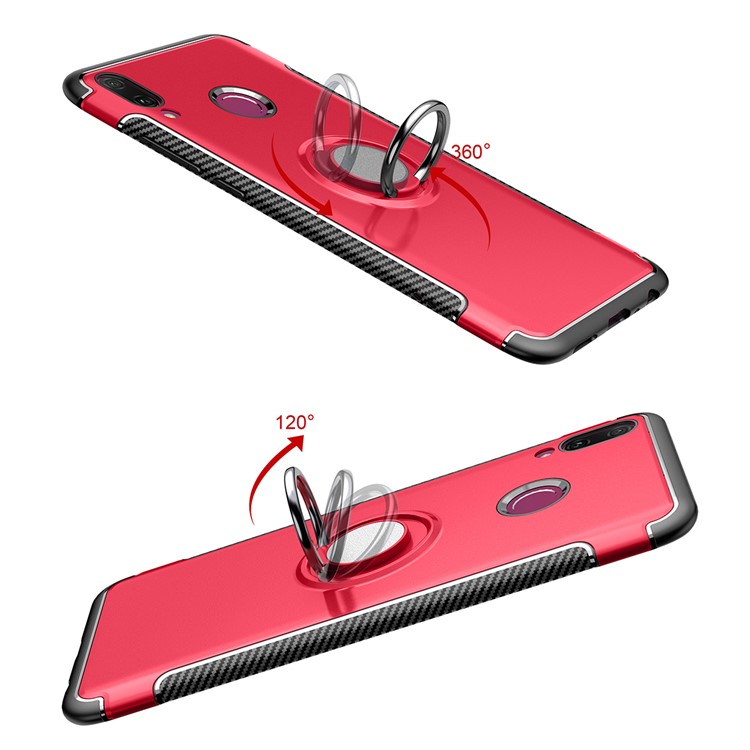 Carbon Fiber TPU + PC Hybrid Casing with Magnetic Car Mount Ring Holder Kickstand for Huawei Y9 (2019) / Enjoy 9 Plus - Red-3
