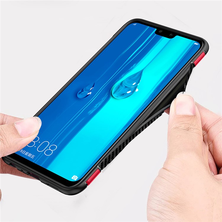 Carbon Fiber TPU + PC Hybrid Casing with Magnetic Car Mount Ring Holder Kickstand for Huawei Y9 (2019) / Enjoy 9 Plus - Red-5