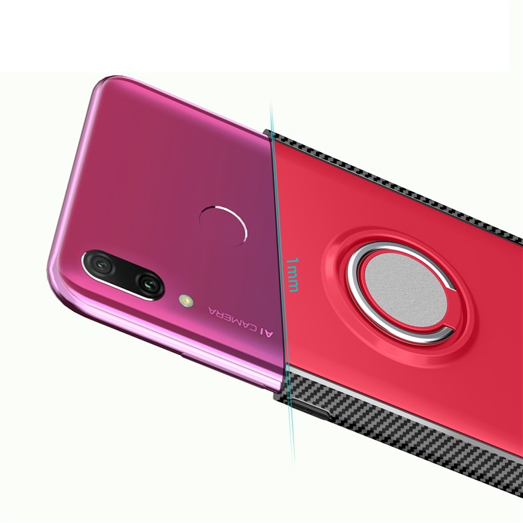 Carbon Fiber TPU + PC Hybrid Casing with Magnetic Car Mount Ring Holder Kickstand for Huawei Y9 (2019) / Enjoy 9 Plus - Red-6