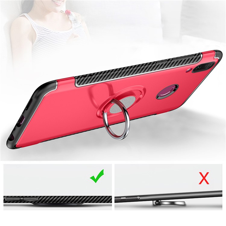 Carbon Fiber TPU + PC Hybrid Casing with Magnetic Car Mount Ring Holder Kickstand for Huawei Y9 (2019) / Enjoy 9 Plus - Red-7