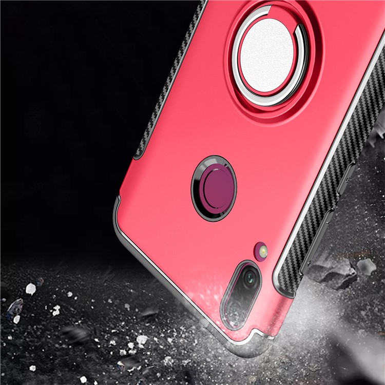 Carbon Fiber TPU + PC Hybrid Casing with Magnetic Car Mount Ring Holder Kickstand for Huawei Y9 (2019) / Enjoy 9 Plus - Red-8
