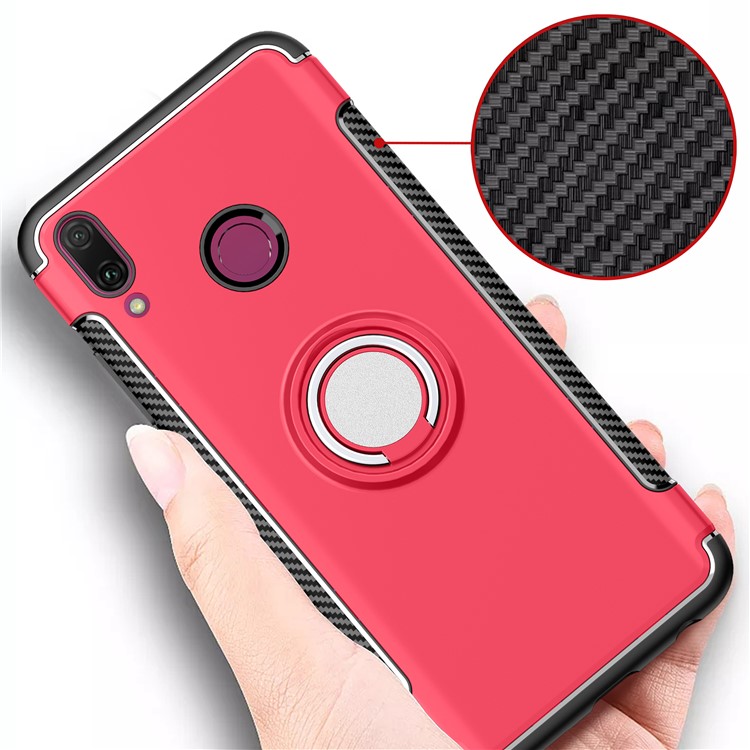 Carbon Fiber TPU + PC Hybrid Casing with Magnetic Car Mount Ring Holder Kickstand for Huawei Y9 (2019) / Enjoy 9 Plus - Red-9