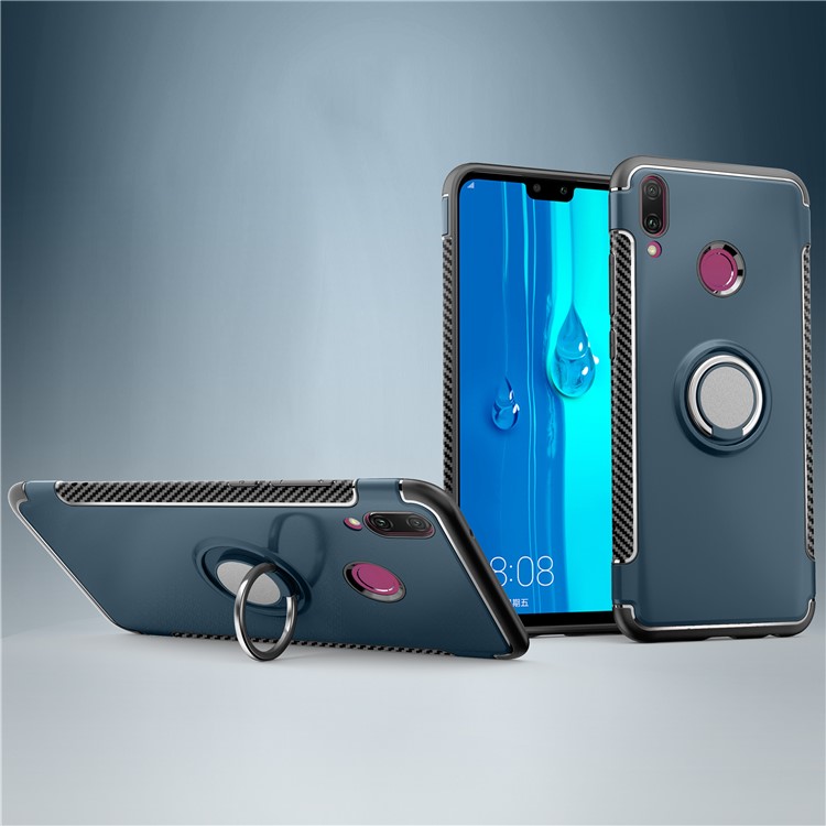 Carbon Fiber TPU + PC Hybrid Case with Magnetic Car Mount Ring Holder Kickstand for Huawei Y9 (2019) / Enjoy 9 Plus - Baby Blue-1