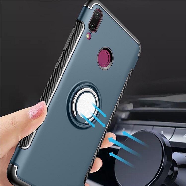 Carbon Fiber TPU + PC Hybrid Case with Magnetic Car Mount Ring Holder Kickstand for Huawei Y9 (2019) / Enjoy 9 Plus - Baby Blue-2