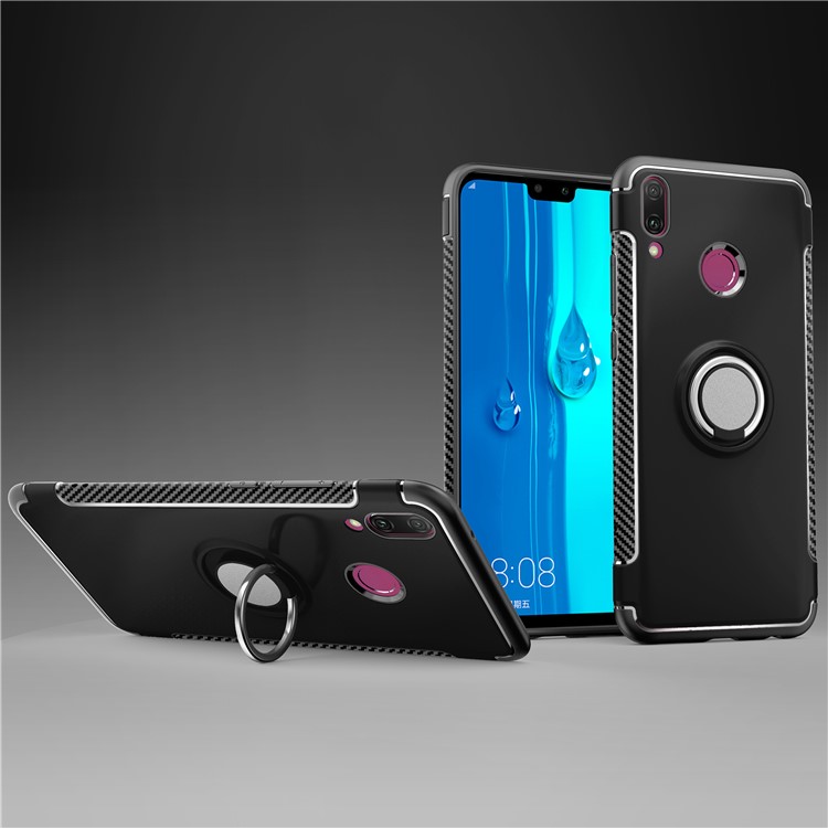 Carbon Fiber TPU + PC Hybrid Shell with Magnetic Car Mount Ring Holder Kickstand for Huawei Y9 (2019) / Enjoy 9 Plus - Black-1