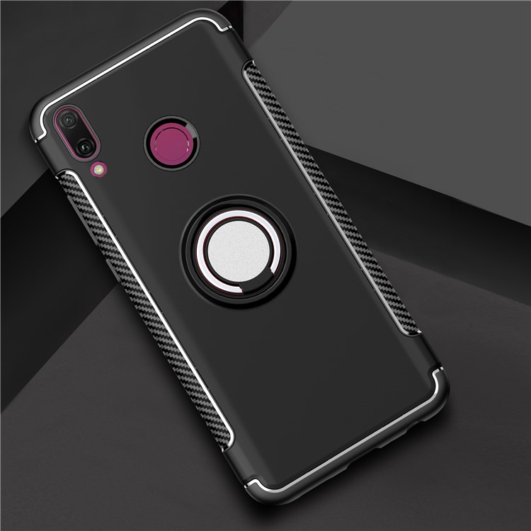Carbon Fiber TPU + PC Hybrid Shell with Magnetic Car Mount Ring Holder Kickstand for Huawei Y9 (2019) / Enjoy 9 Plus - Black-2