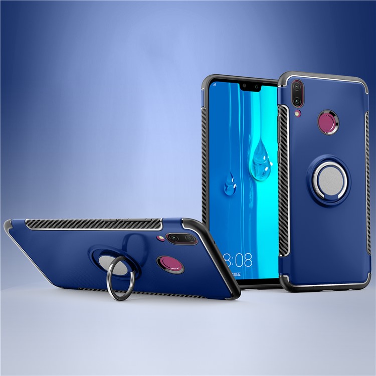 Carbon Fiber TPU + PC Hybrid Mobile Shell with Magnetic Car Mount Ring Holder Kickstand for Huawei Y9 (2019) / Enjoy 9 Plus - Dark Blue-1