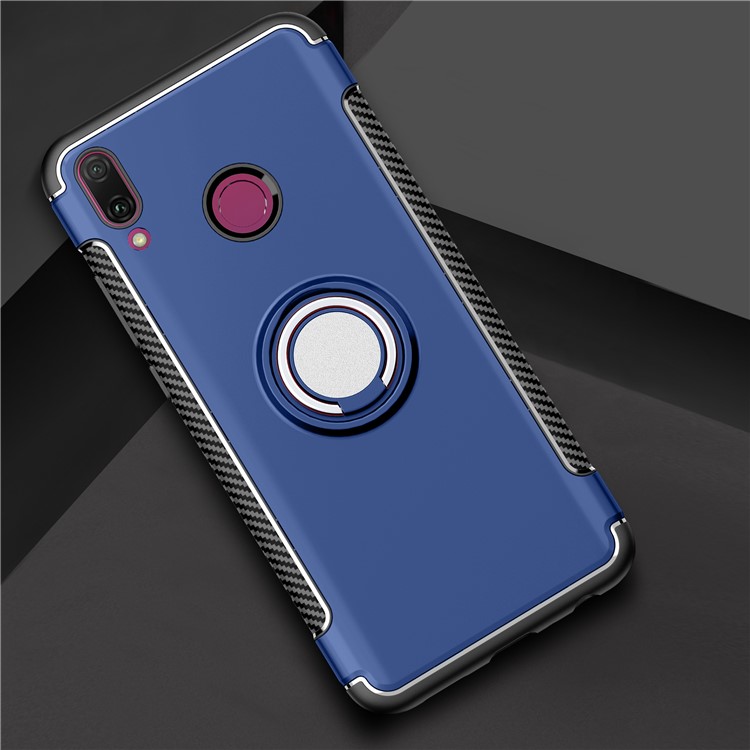 Carbon Fiber TPU + PC Hybrid Mobile Shell with Magnetic Car Mount Ring Holder Kickstand for Huawei Y9 (2019) / Enjoy 9 Plus - Dark Blue-2