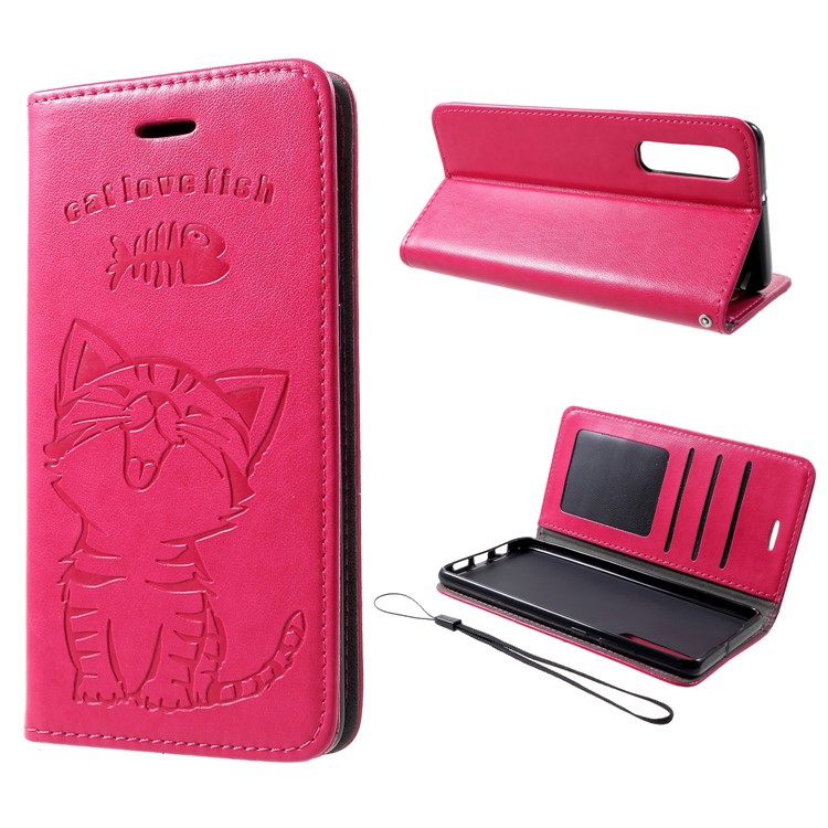 Imprint Cat and Fish Bone PU Leather Wallet Cover for Huawei P30 - Rose-1